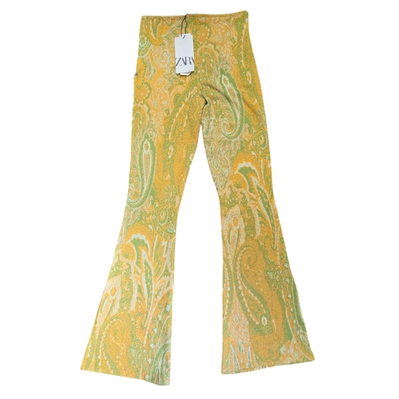 Zara yellow and lime green patterned stretchy bell bottom flare pants, NWT - Picture 2 of 8